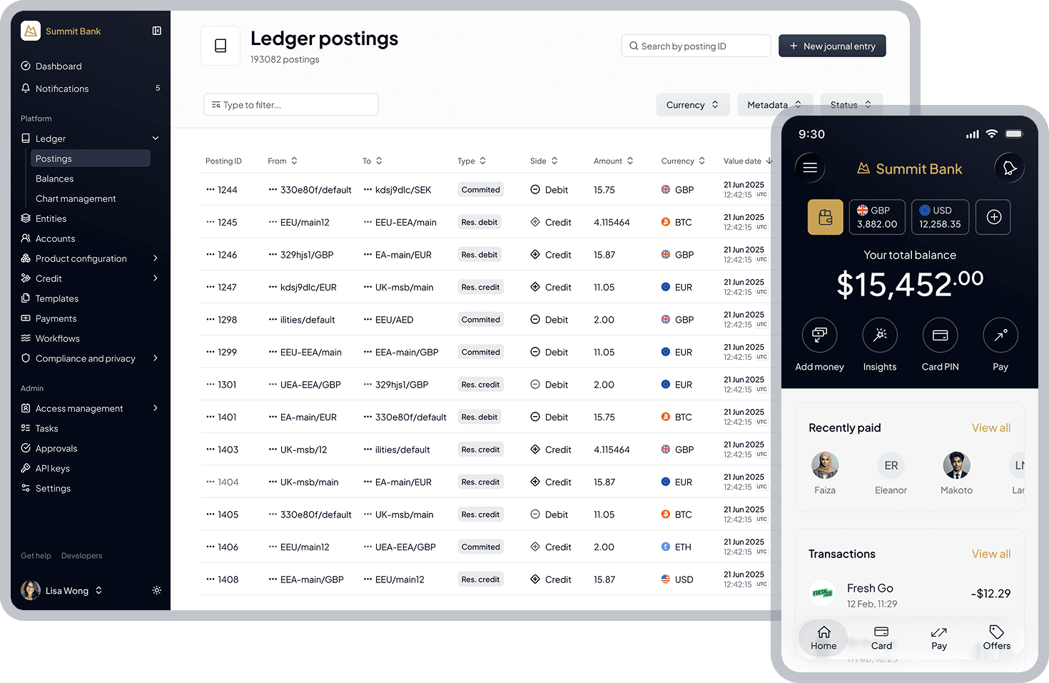 XYB platform dashboard orchestrating payments, ledger, and channels